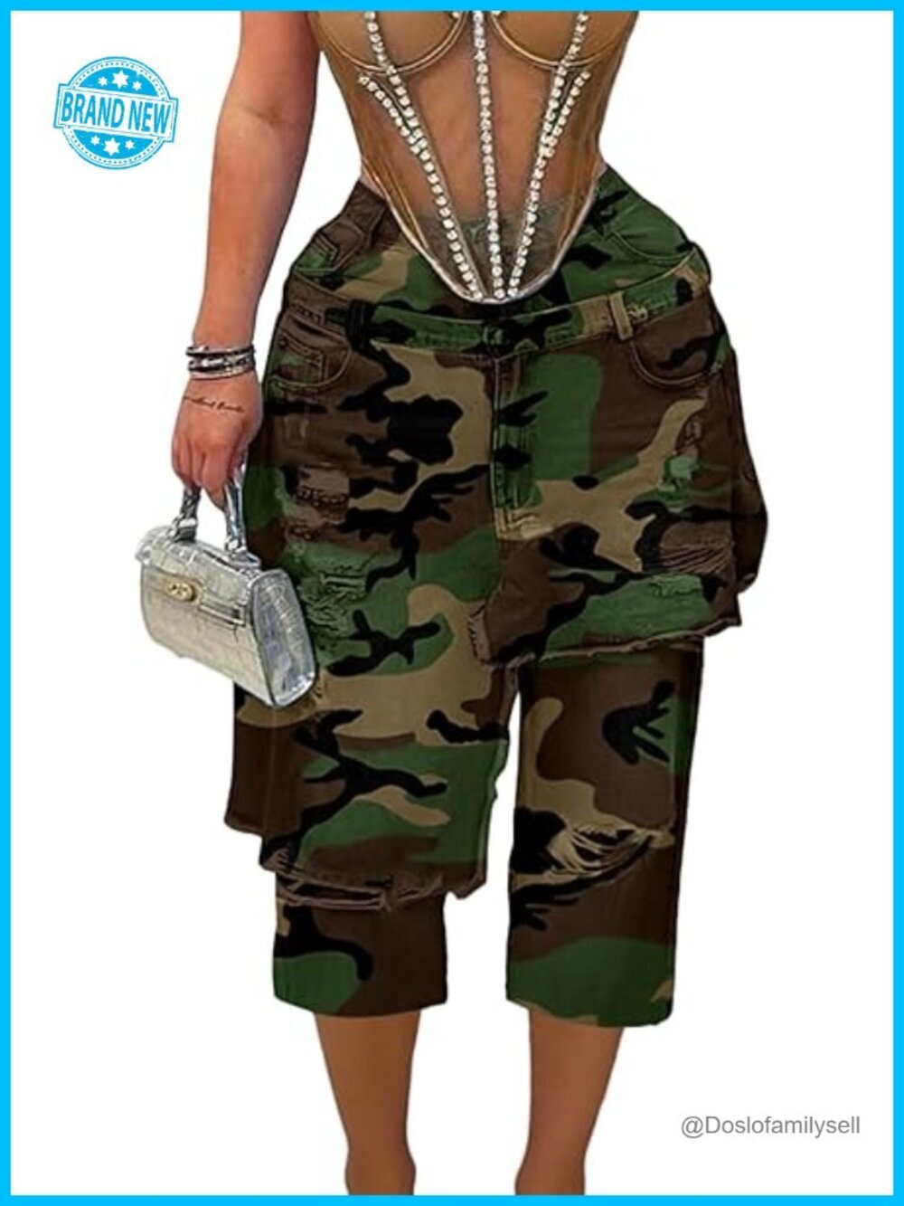 Baggy High Waisted Cargo Pants Camo Cropped Wide Leg Capri Frayed Hem Y2k